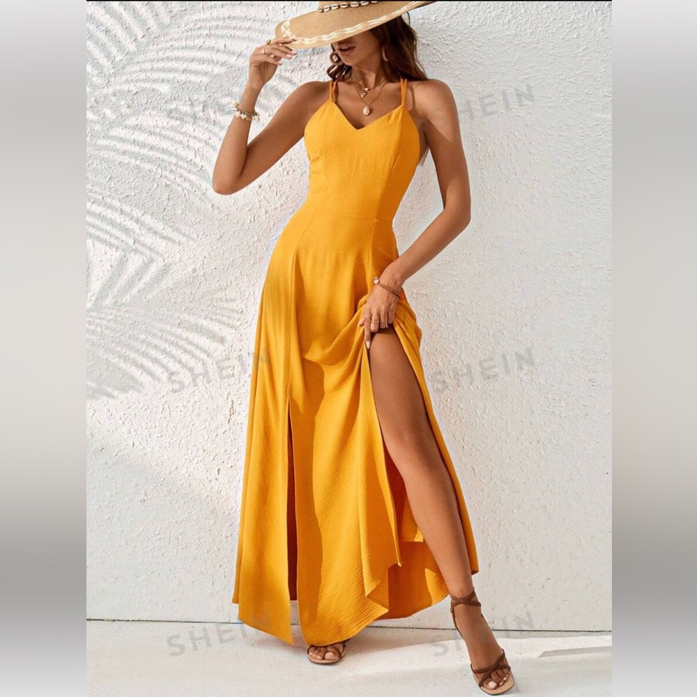 Yellow Strappy maxi dress with slits